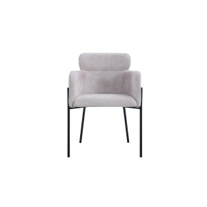 Chaise de salle à manger CAMPBELL – Tissu beige clair – Accoudoirs – Pieds en métal noir – Style design / industriel
