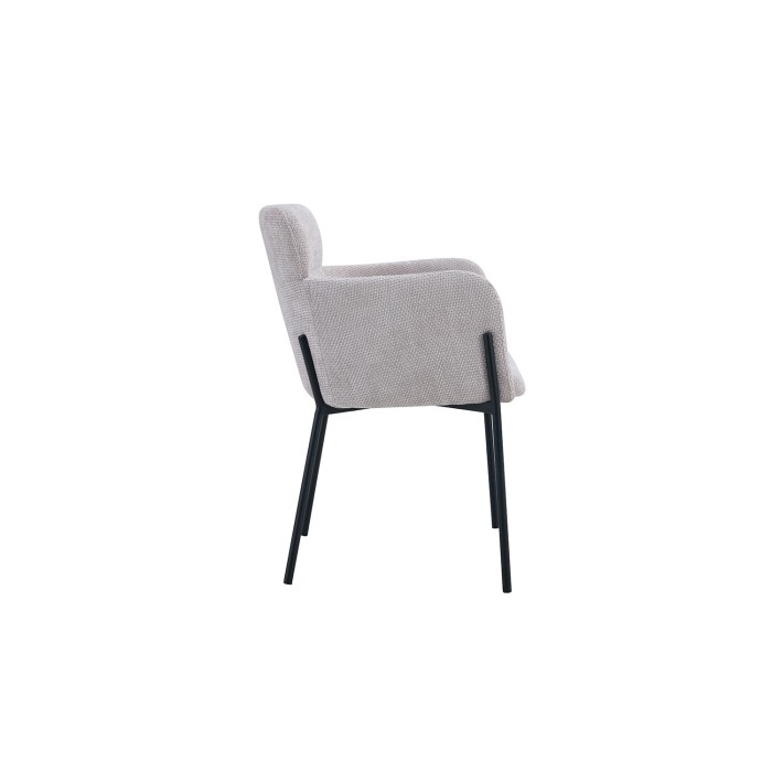 Chaise de salle à manger CAMPBELL – Tissu beige clair – Accoudoirs – Pieds en métal noir – Style design / industriel