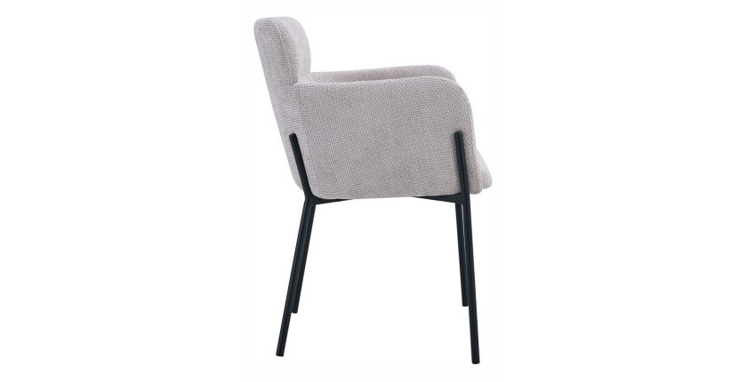 Chaise de salle à manger CAMPBELL – Tissu beige clair – Accoudoirs – Pieds en métal noir – Style design / industriel
