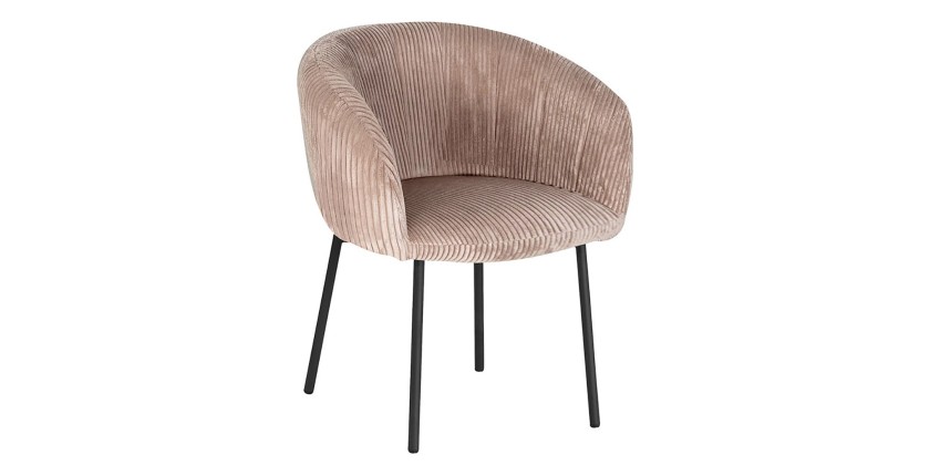 Chaise de salle à manger SEVILLE – Velours côtelé sable – Accoudoirs – Pieds en métal noir – Style design / industriel