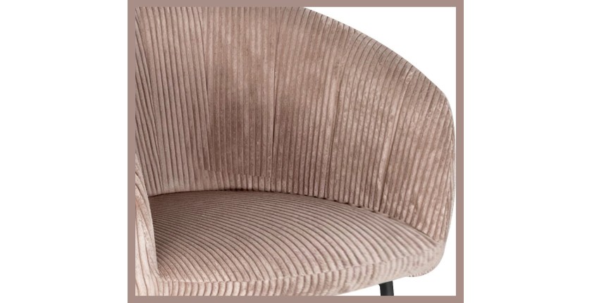 Chaise de salle à manger SEVILLE – Velours côtelé sable – Accoudoirs – Pieds en métal noir – Style design / industriel