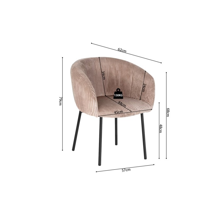 Chaise de salle à manger SEVILLE – Velours côtelé sable – Accoudoirs – Pieds en métal noir – Style design / industriel