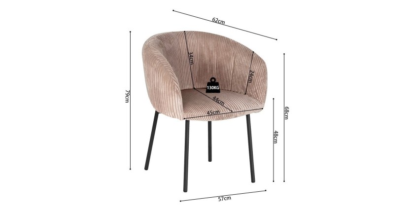 Chaise de salle à manger SEVILLE – Velours côtelé sable – Accoudoirs – Pieds en métal noir – Style design / industriel