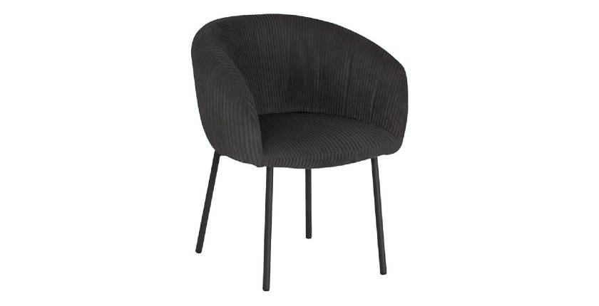 Chaise de salle à manger SEVILLE – Velours côtelé gris – Accoudoirs – Pieds en métal noir – Style design / industriel