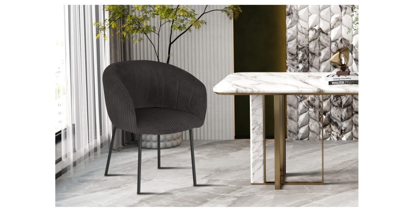 Esszimmerstuhl SEVILLE – Grauer Cord-Samt – Armlehnen – Schwarze Metallbeine – Design-/Industriestil
