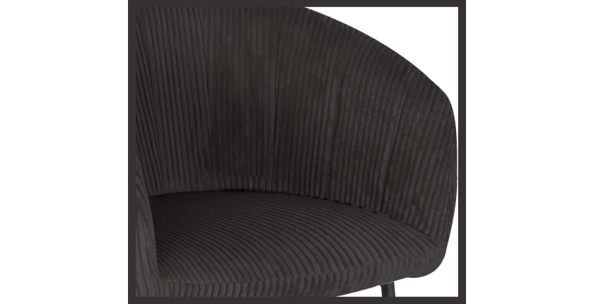 Chaise de salle à manger SEVILLE – Velours côtelé gris – Accoudoirs – Pieds en métal noir – Style design / industriel
