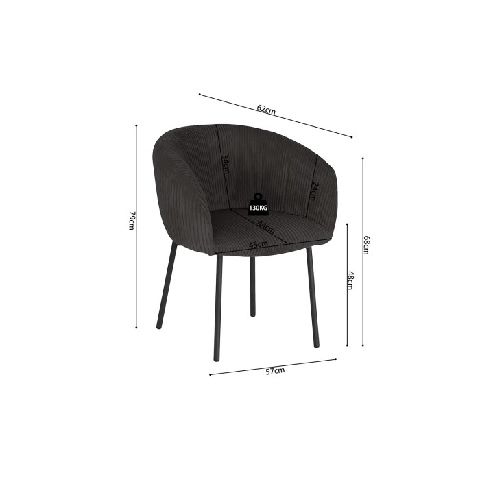 Chaise de salle à manger SEVILLE – Velours côtelé gris – Accoudoirs – Pieds en métal noir – Style design / industriel