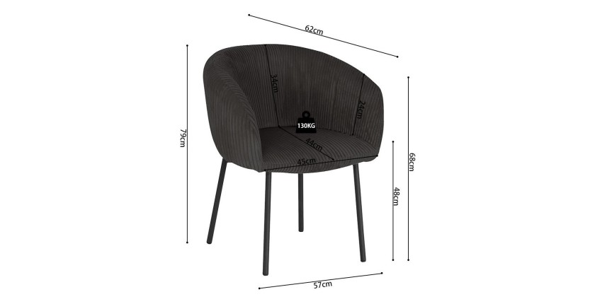 Chaise de salle à manger SEVILLE – Velours côtelé gris – Accoudoirs – Pieds en métal noir – Style design / industriel