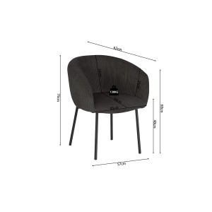 Chaise de salle à manger SEVILLE – Velours côtelé gris – Accoudoirs – Pieds en métal noir – Style design / industriel