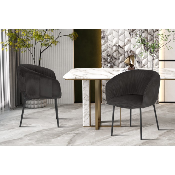 Eetkamerstoel SEVILLE - Ribfluweel grijs - Armleuningen - Zwarte metalen poten - Design / Industriële stijl