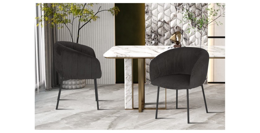 Esszimmerstuhl SEVILLE – Grauer Cord-Samt – Armlehnen – Schwarze Metallbeine – Design-/Industriestil