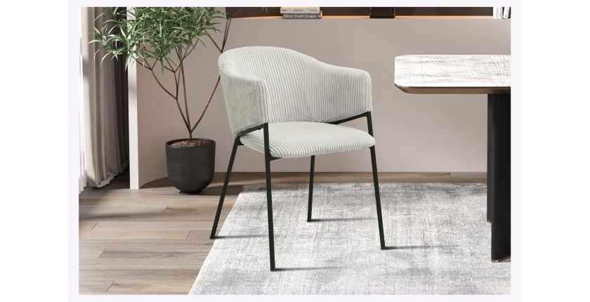 Chaise de salle à manger IMANY – Velours côtelé gris clair – Accoudoirs – Pieds en métal noir – Style design / industriel