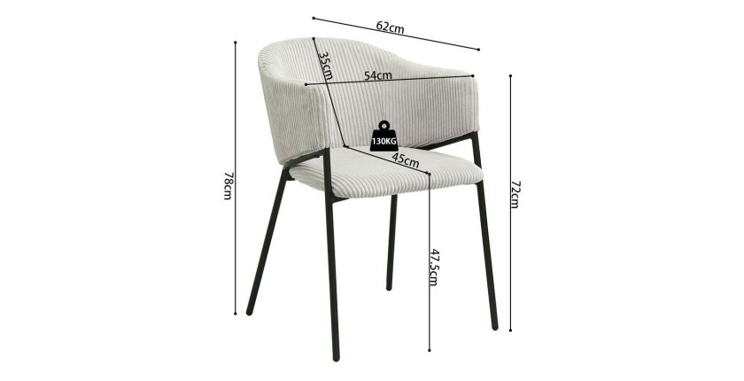 Chaise de salle à manger IMANY – Velours côtelé gris clair – Accoudoirs – Pieds en métal noir – Style design / industriel