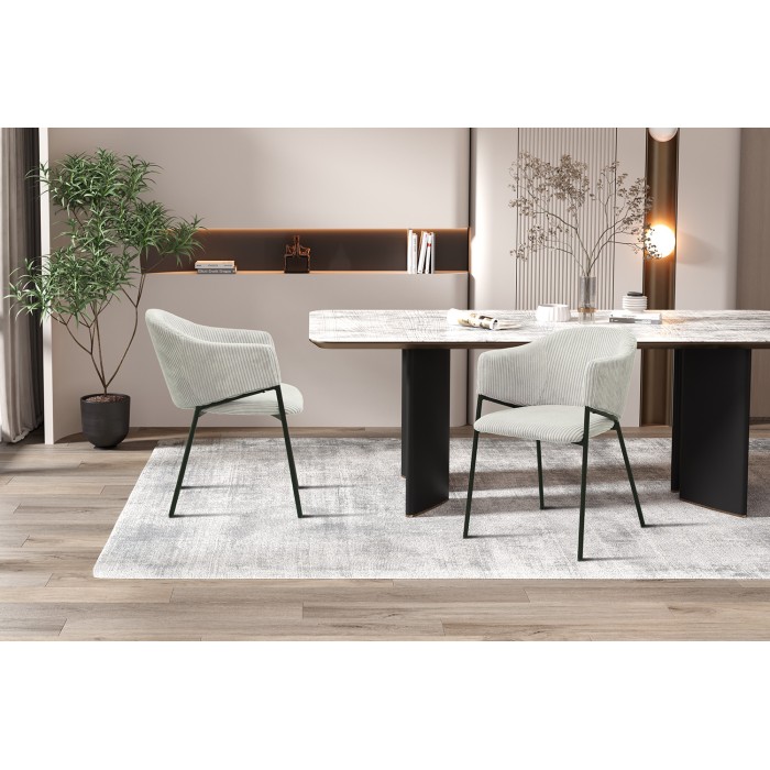 Eetkamerstoel IMANY - Geribbeld lichtgrijs fluweel - Armleuningen - Zwarte metalen poten - Design / industriële stijl