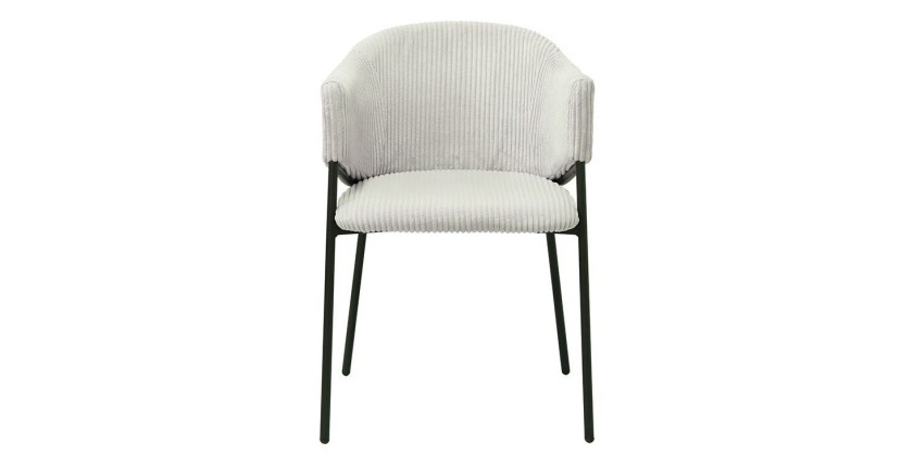 Chaise de salle à manger IMANY – Velours côtelé gris clair – Accoudoirs – Pieds en métal noir – Style design / industriel