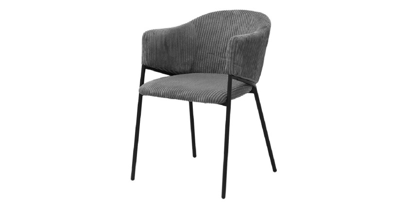 Chaise de salle à manger IMANY – Velours côtelé gris foncé – Accoudoirs – Pieds en métal noir – Style design / industriel