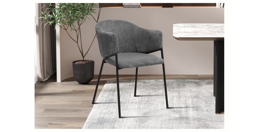 Chaise de salle à manger IMANY – Velours côtelé gris foncé – Accoudoirs – Pieds en métal noir – Style design / industriel