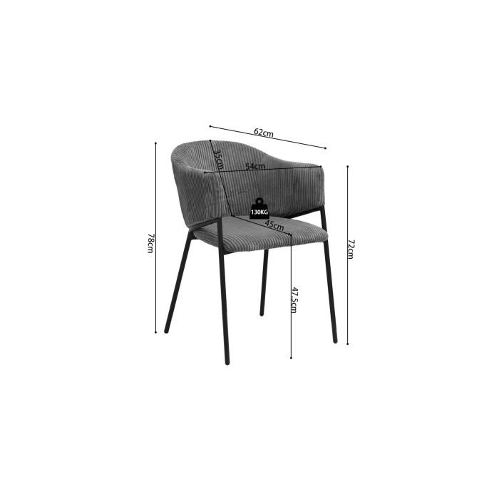 Eetkamerstoel IMANY - Donkergrijs ribfluweel - Armleuningen - Zwarte metalen poten - Design / industriële stijl