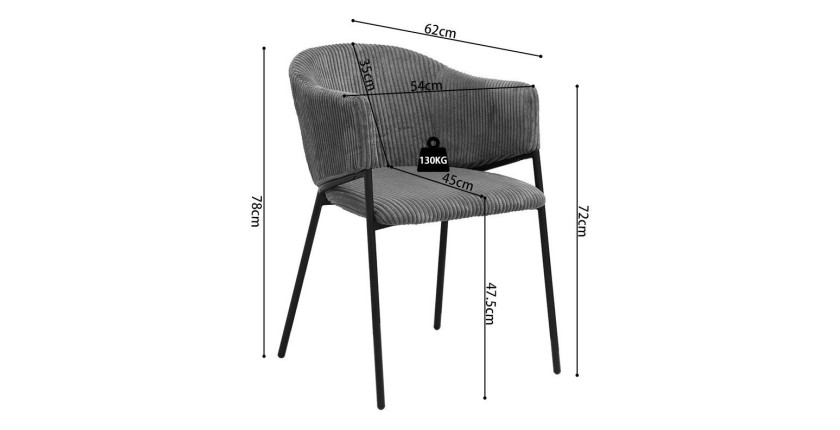 Chaise de salle à manger IMANY – Velours côtelé gris foncé – Accoudoirs – Pieds en métal noir – Style design / industriel
