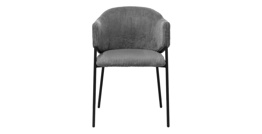 Chaise de salle à manger IMANY – Velours côtelé gris foncé – Accoudoirs – Pieds en métal noir – Style design / industriel