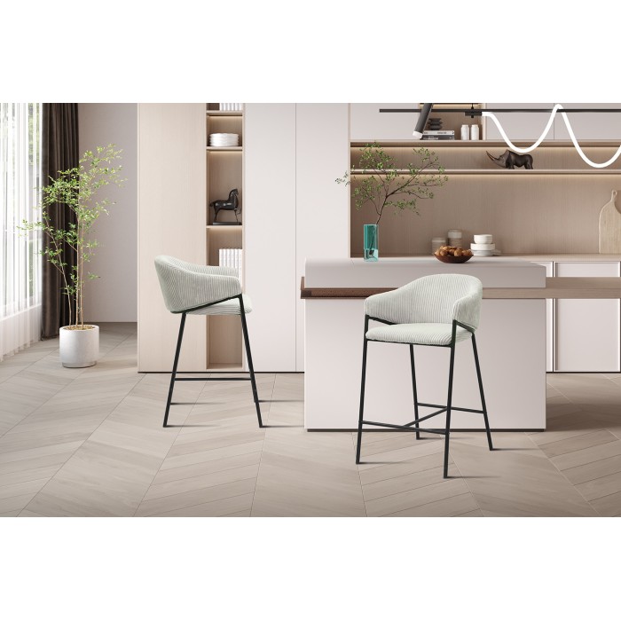 Sedia da bancone IMANY – Velluto a coste grigio chiaro – Con braccioli – Piedi in metallo nero – Stile design/industriale