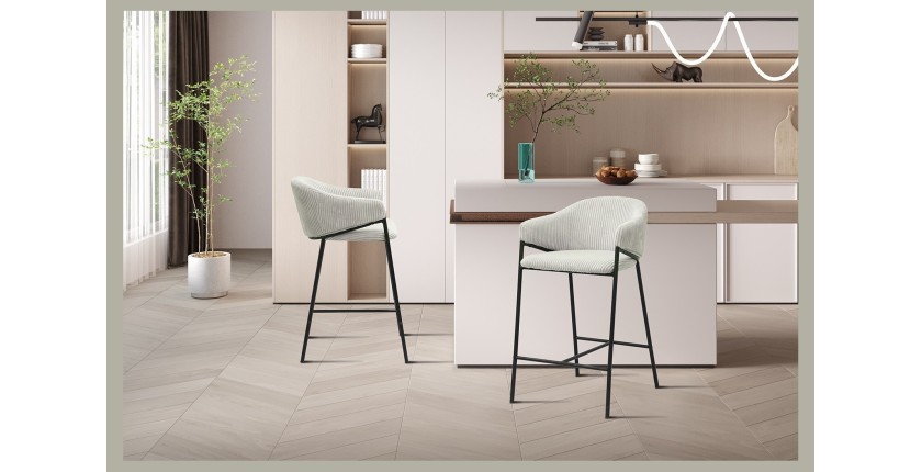 Sedia da banco IMANY – Velluto a coste grigio chiaro – Con braccioli – Gambe in metallo nero – Stile design/industriale