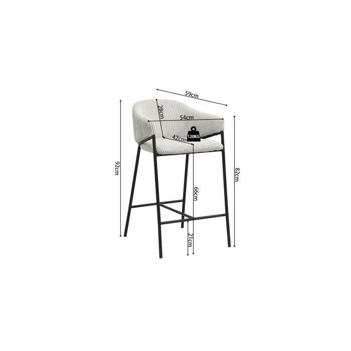 Sedia da bancone IMANY – Velluto a coste grigio chiaro – Con braccioli – Piedi in metallo nero – Stile design/industriale