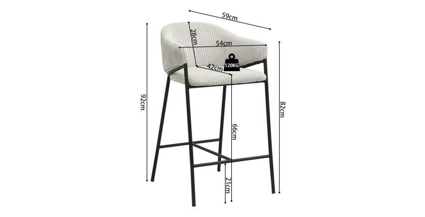 Chaise de comptoir IMANY – Velours côtelé gris clair – Avec accoudoirs – Pieds en métal noir – Style design/industriel