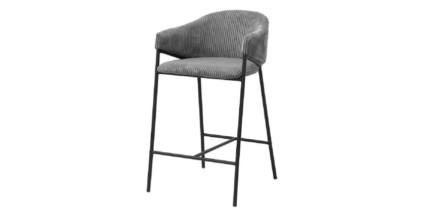 Chaise de comptoir IMANY – Velours côtelé gris foncé – Avec accoudoirs – Pieds en métal noir – Style design/industriel