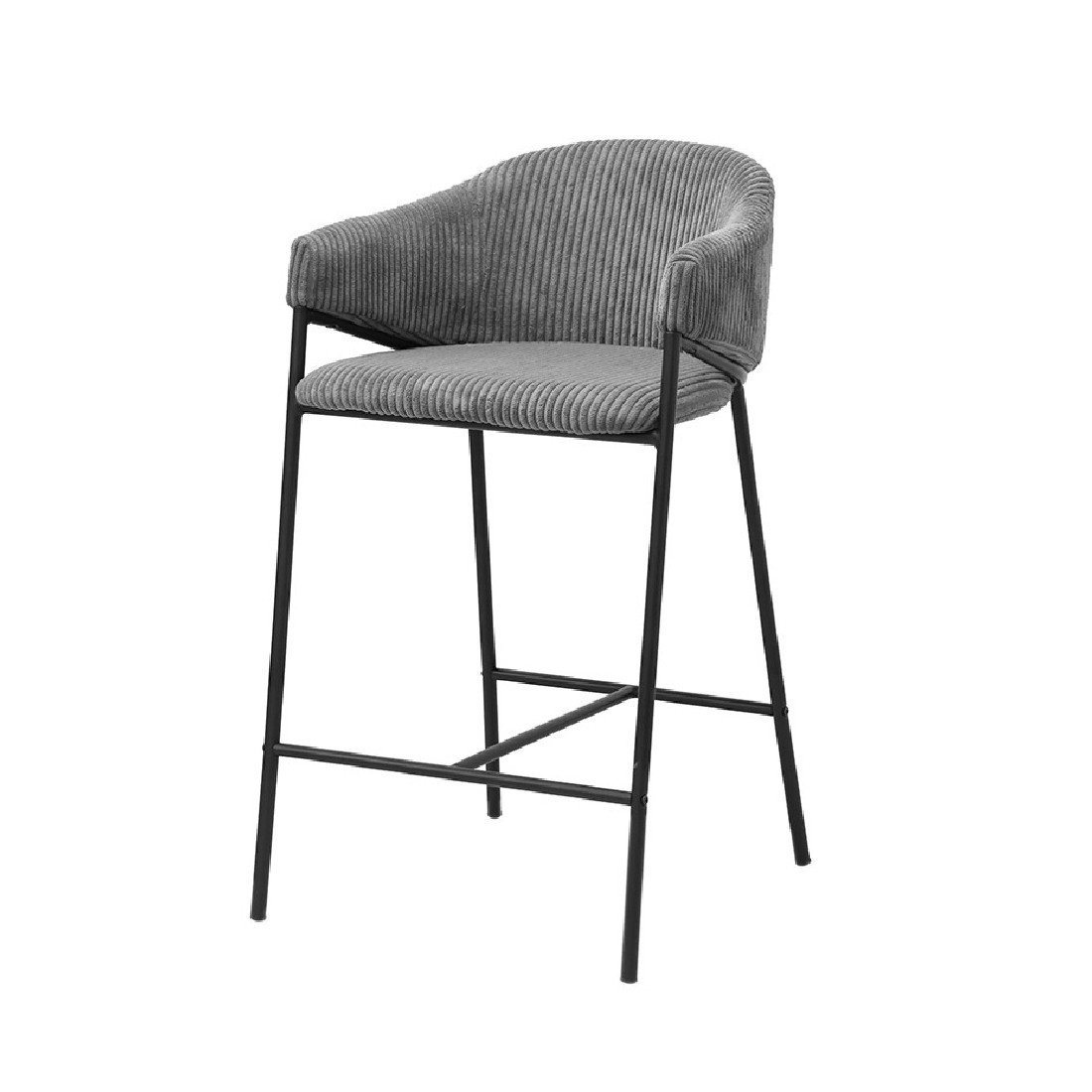 Chaise de comptoir IMANY – Velours côtelé gris foncé – Avec accoudoirs – Pieds en métal noir – Style design/industriel