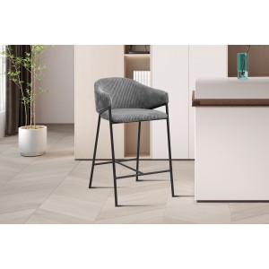 Chaise de comptoir IMANY – Velours côtelé gris foncé – Avec accoudoirs – Pieds en métal noir – Style design/industriel