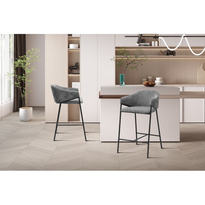 Sedia da banco IMANY – Velluto a coste grigio scuro – Con braccioli – Piedi in metallo nero – Stile design/industriale