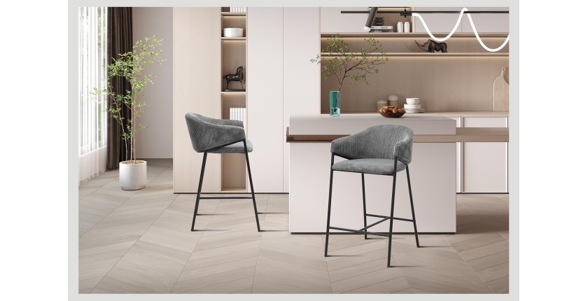 Chaise de comptoir IMANY – Velours côtelé gris foncé – Avec accoudoirs – Pieds en métal noir – Style design/industriel