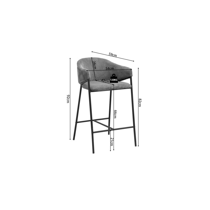 Sedia da banco IMANY – Velluto a coste grigio scuro – Con braccioli – Piedi in metallo nero – Stile design/industriale