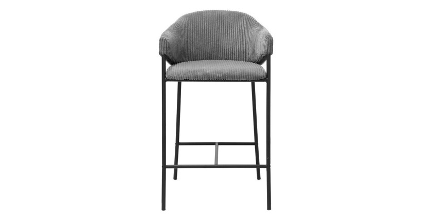 Chaise de comptoir IMANY – Velours côtelé gris foncé – Avec accoudoirs – Pieds en métal noir – Style design/industriel