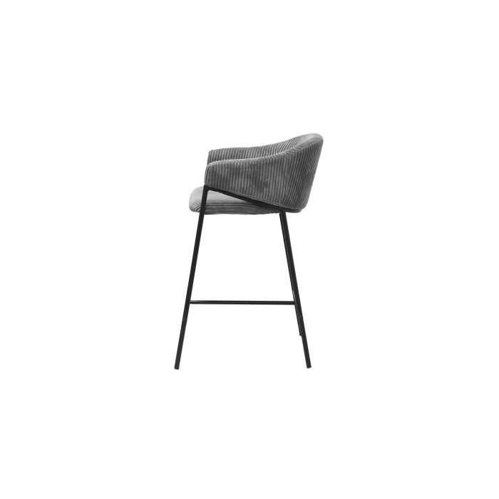 Chaise de comptoir IMANY – Velours côtelé gris foncé – Avec accoudoirs – Pieds en métal noir – Style design/industriel