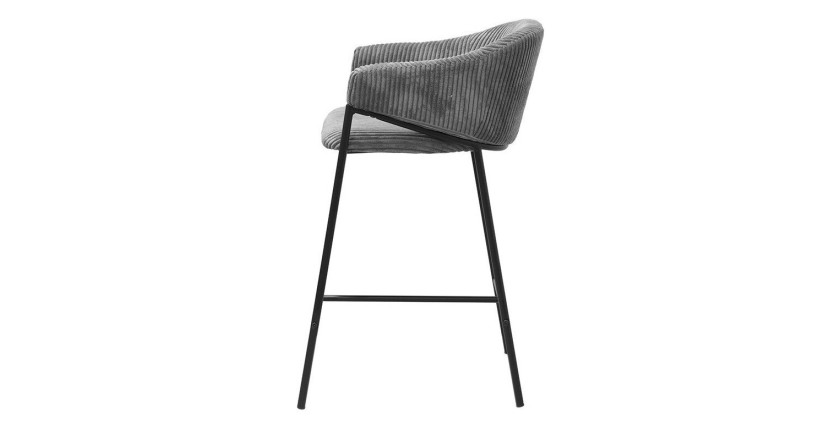 Chaise de comptoir IMANY – Velours côtelé gris foncé – Avec accoudoirs – Pieds en métal noir – Style design/industriel