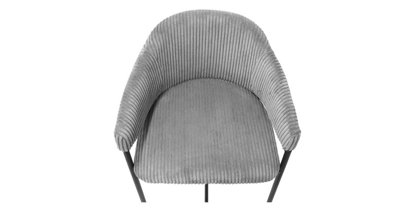 Chaise de comptoir IMANY – Velours côtelé gris foncé – Avec accoudoirs – Pieds en métal noir – Style design/industriel