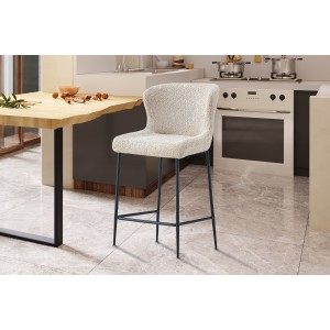 Chaise de comptoir LISE – Tissu bouclé beige – Pieds en métal noir - Style design/industriel