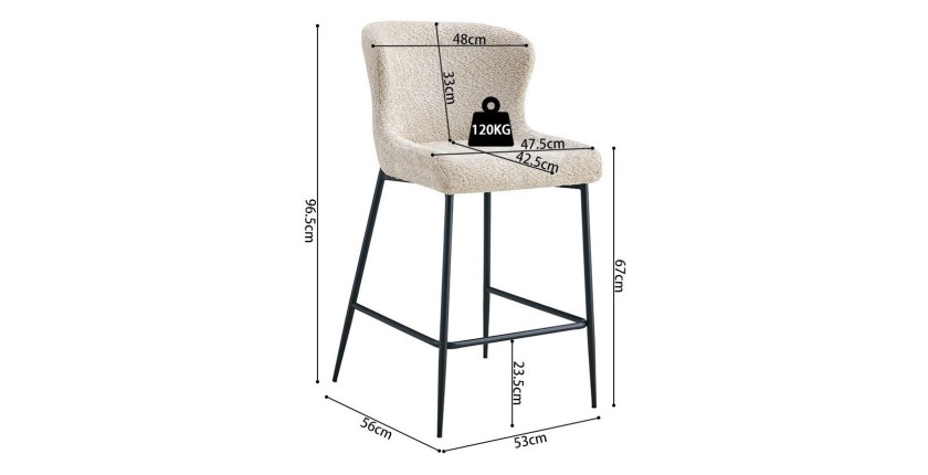 Chaise de comptoir LISE – Tissu bouclé beige – Pieds en métal noir - Style design/industriel