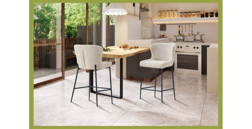 Sedia da bancone LISE - Tessuto bouclé beige - Gambe in metallo nero - Stile design/industriale