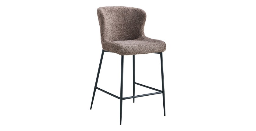 Chaise de comptoir LISE – Tissu bouclé coloris sable – Pieds en métal noir – Style design/industriel