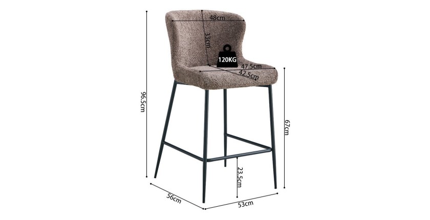 Chaise de comptoir LISE – Tissu bouclé coloris sable – Pieds en métal noir – Style design/industriel