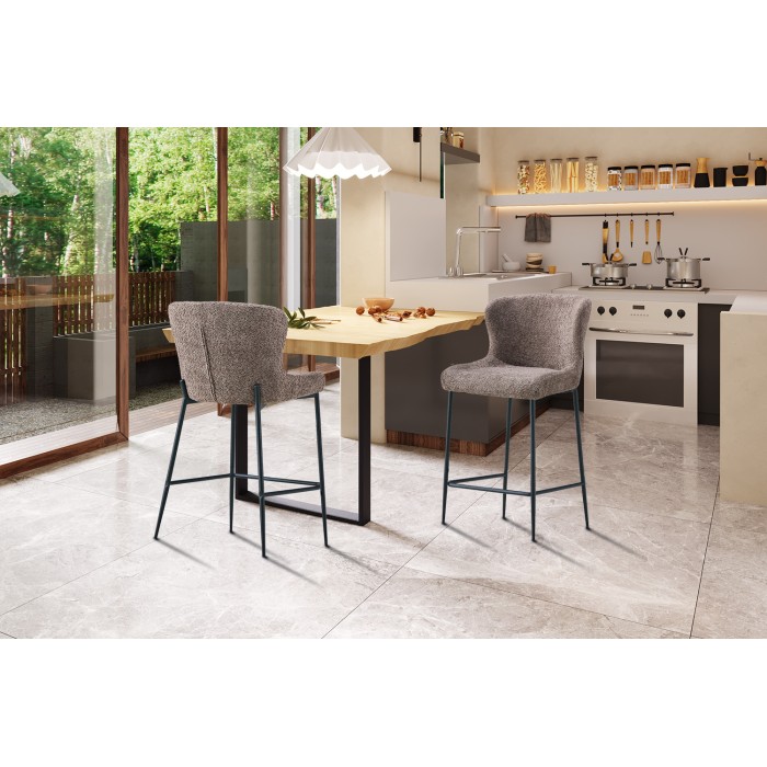 Sedia da bancone LISE - Tessuto bouclé colore sabbia - Piedi in metallo nero - Stile design/industriale