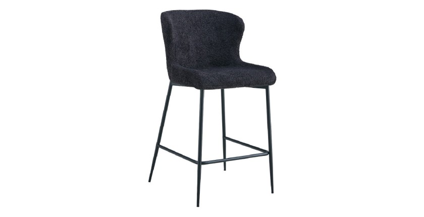 Chaise de comptoir LISE – Tissu bouclé coloris gris foncé – Pieds en métal noir – Style design/industriel