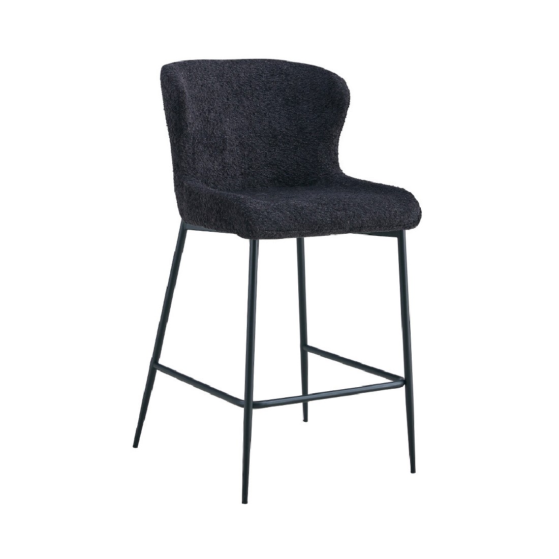 Chaise de comptoir LISE – Tissu bouclé coloris gris foncé – Pieds en métal noir – Style design/industriel