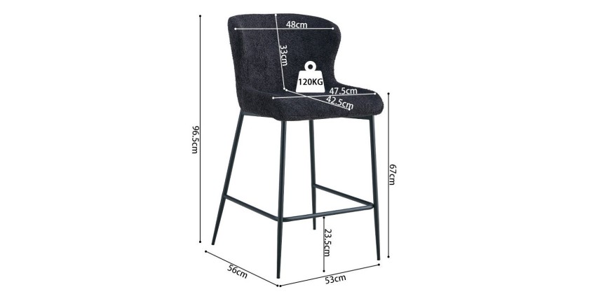 Chaise de comptoir LISE – Tissu bouclé coloris gris foncé – Pieds en métal noir – Style design/industriel