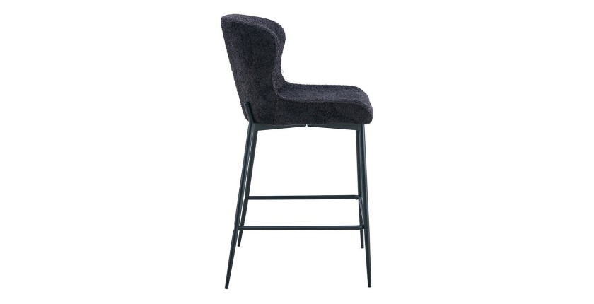 Chaise de comptoir LISE – Tissu bouclé coloris gris foncé – Pieds en métal noir – Style design/industriel