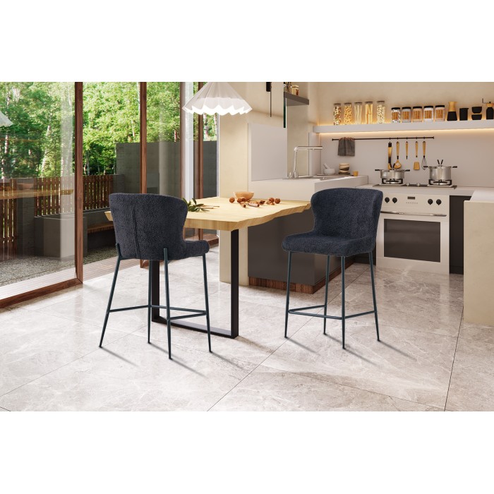 Sedia da bancone LISE - Tessuto bouclé grigio scuro - Piedi in metallo nero - Stile design/industriale
