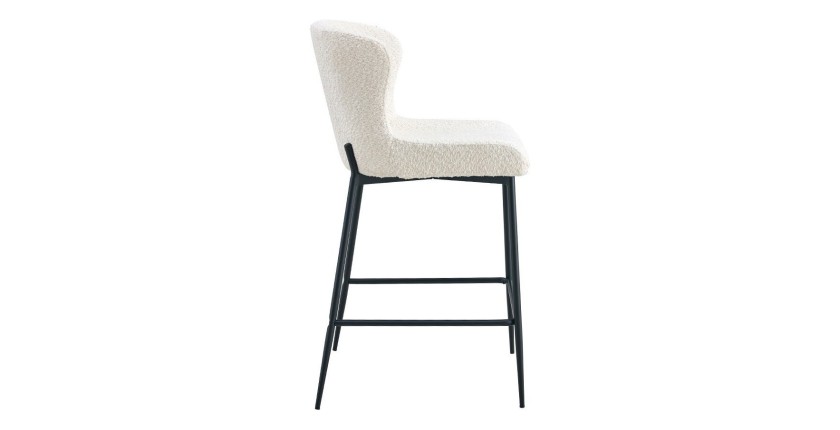 Chaise de comptoir LISE – Tissu bouclé coloris blanc écru – Pieds en métal noir – Style design/industriel